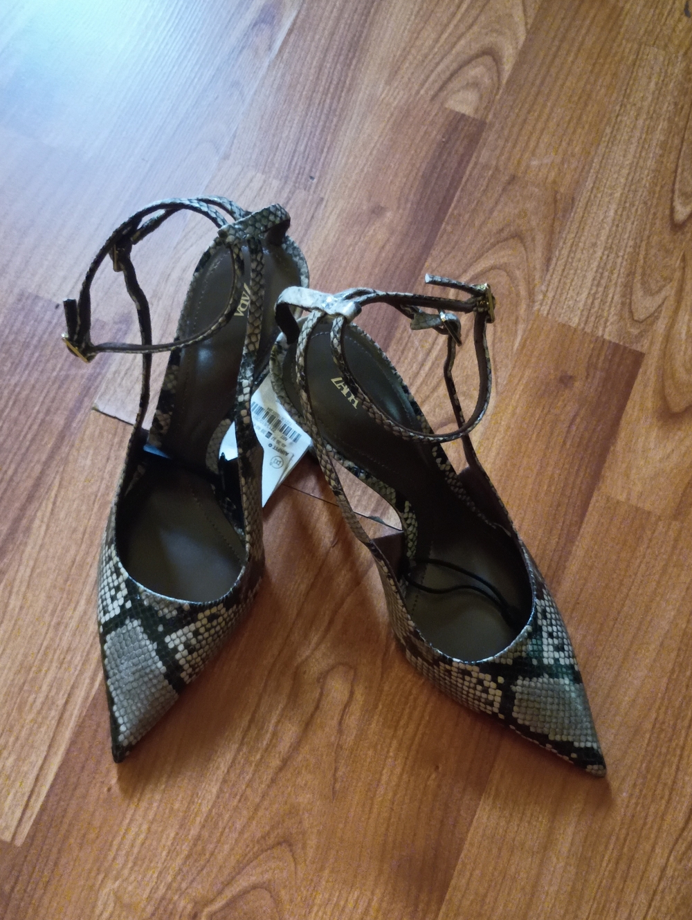Zara Snake-Print Pointed Ankle-Strap Heels in Black, Brown, Cream